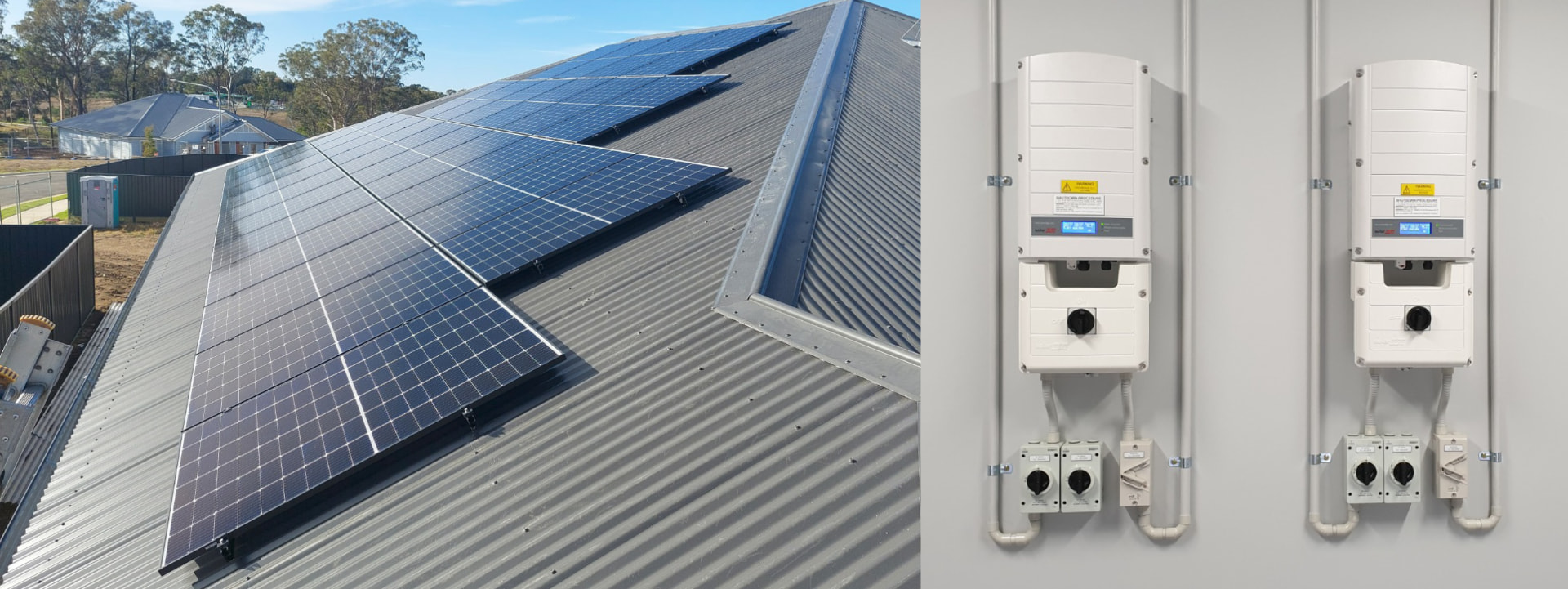 Split view of solar panels on corrugated roof and white inverters on wall