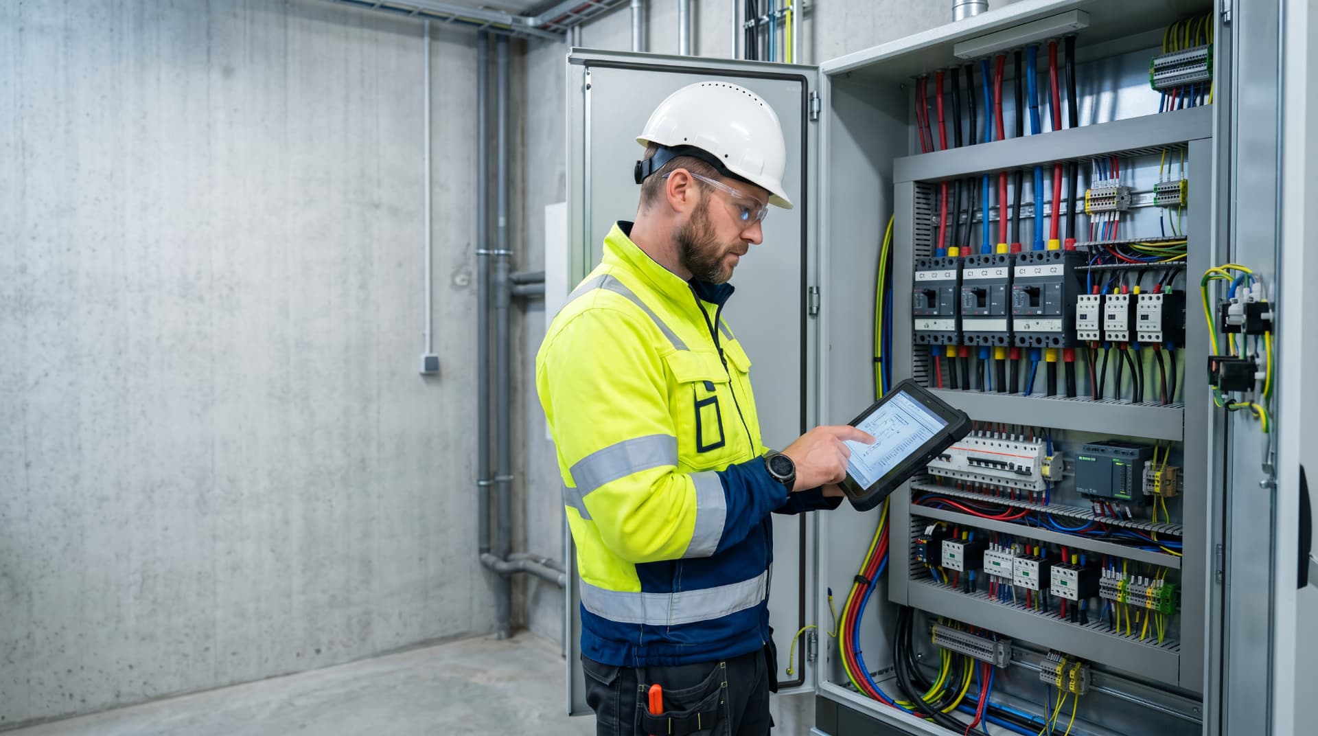 Industrial electrician inspecting a control panel with a tablet