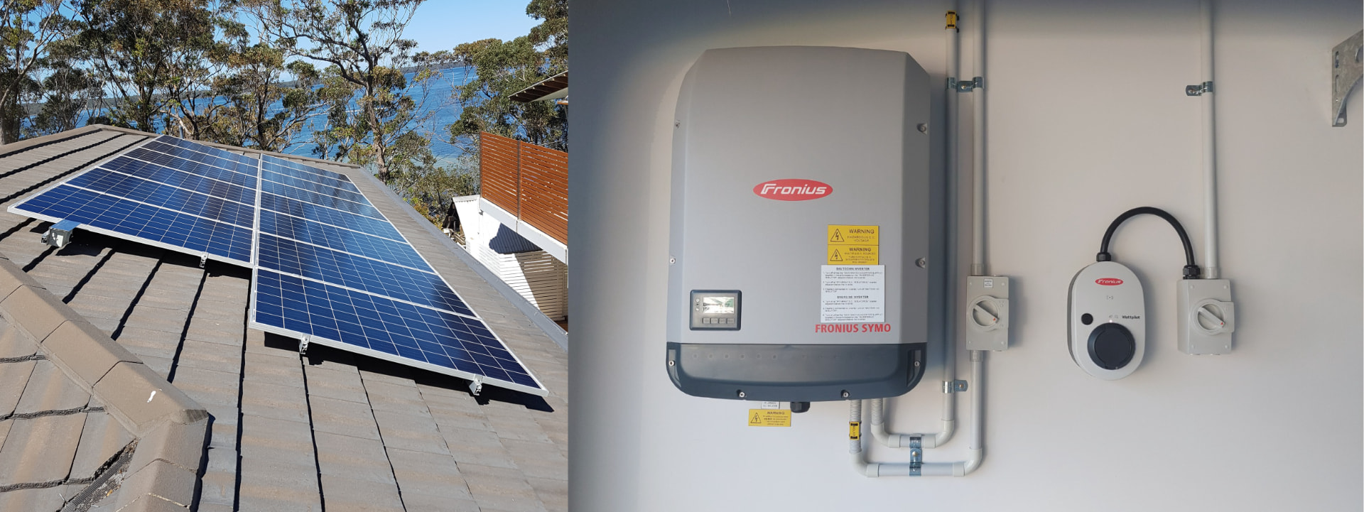 Split view of solar panels on tiled roof and white inverters on brick wall