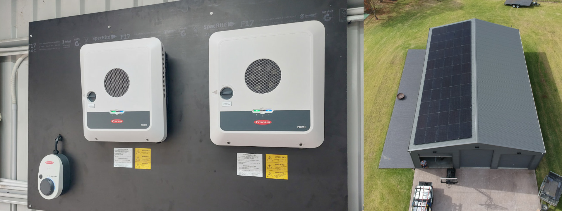 Split view of Fronius Symo inverter and solar panels on roof