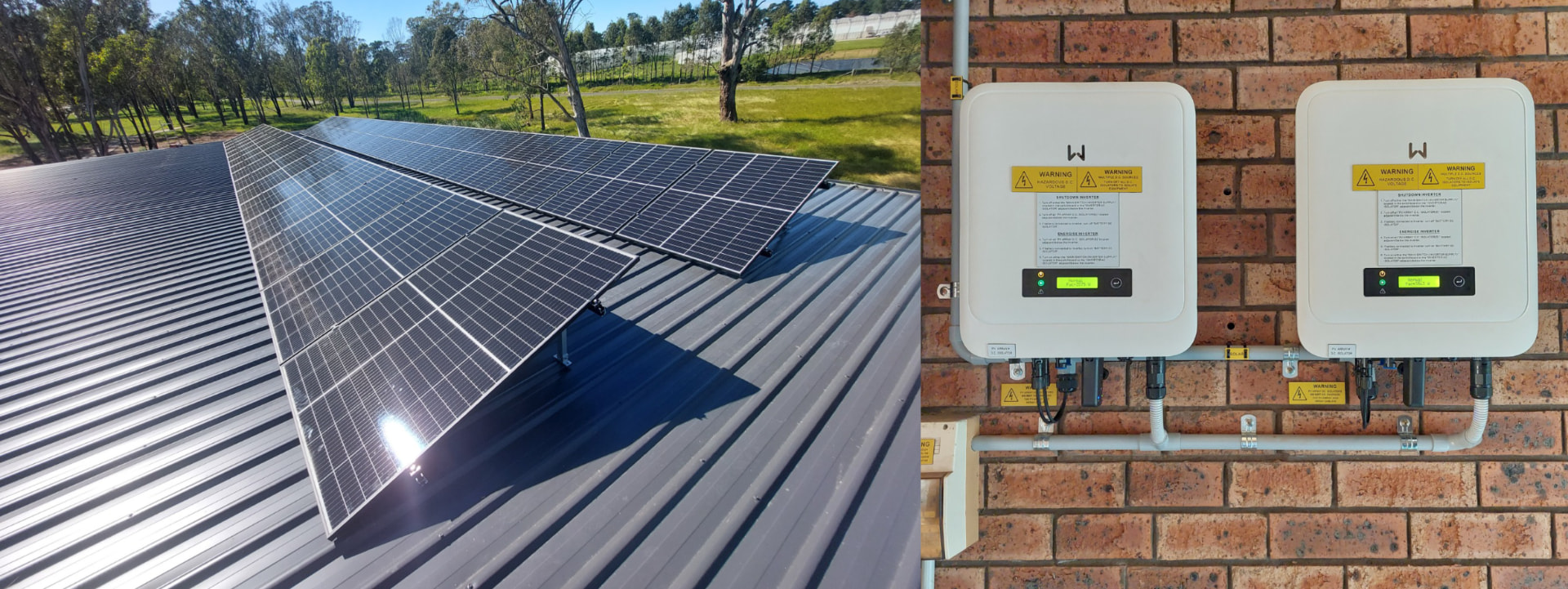 Split view of solar panels on metal roof and white inverters on brick wall